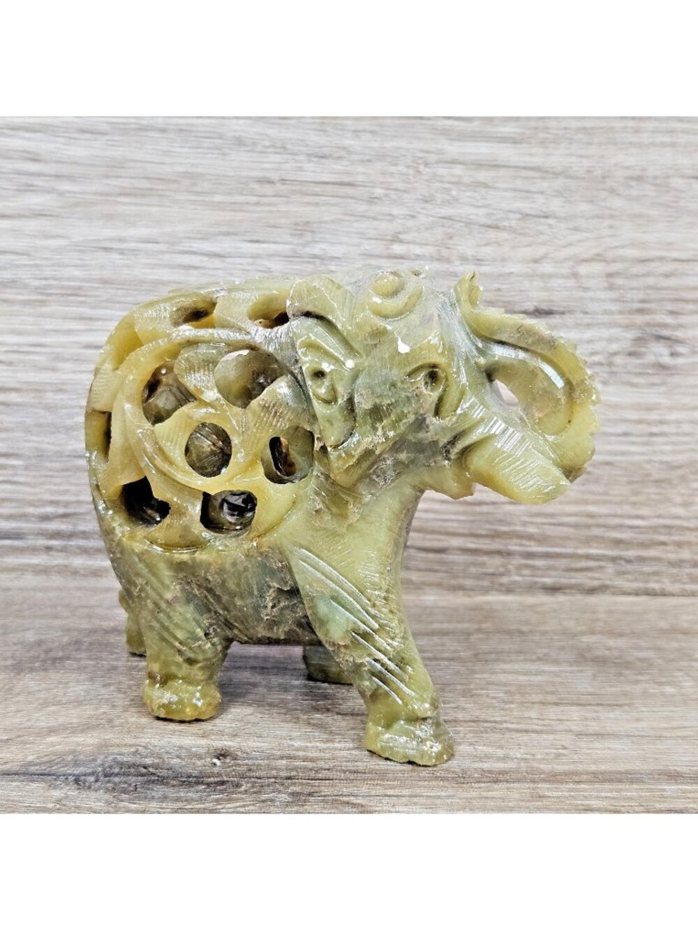 Hand Carved Green Onyx Elephant Statue Pierced Stone Figurine Decor Home Altar